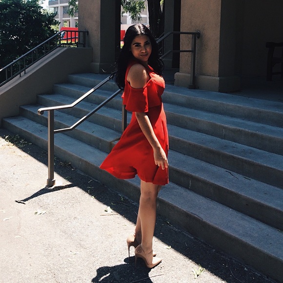 open lace back dress Susana Monaco High Neck Low Back Halter Slit Dress Perfect Red / S main image 0